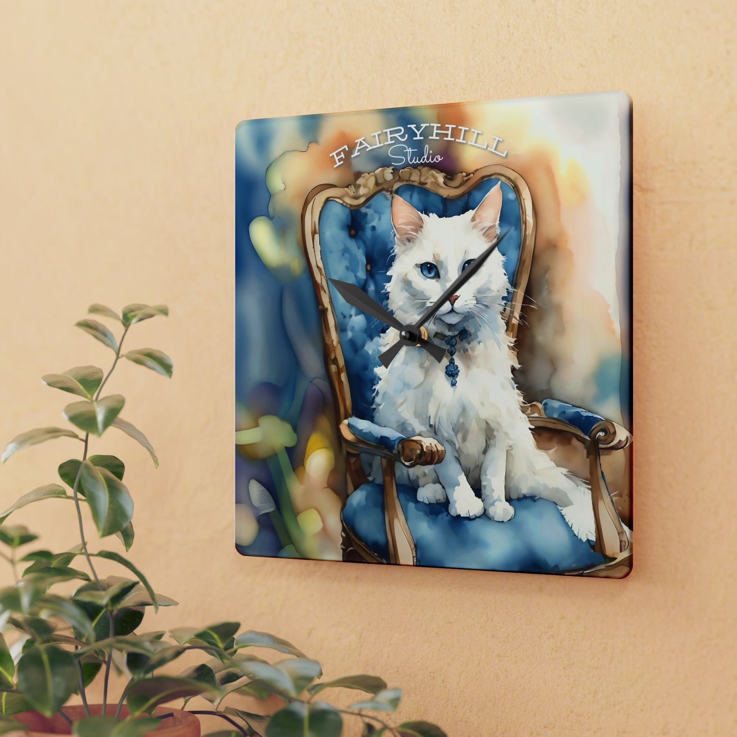 Acrylic Wall Clock - Adorable White Cat with Blue Eyes - Cat Lovers Art by FairyHill Studio
