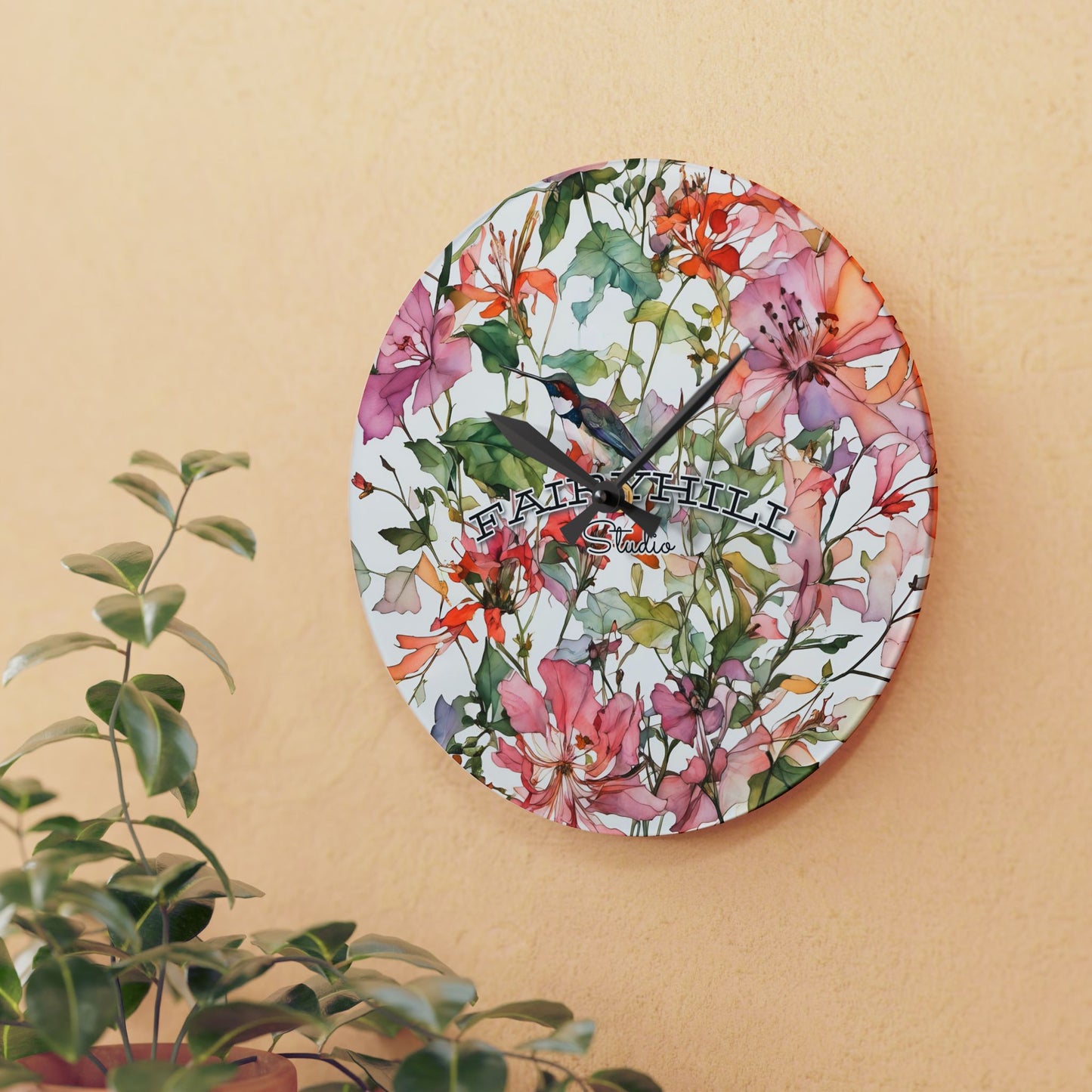 Wall Clock - Pink Spring Flowers and Hummingbird Art by Fairyhill Studio