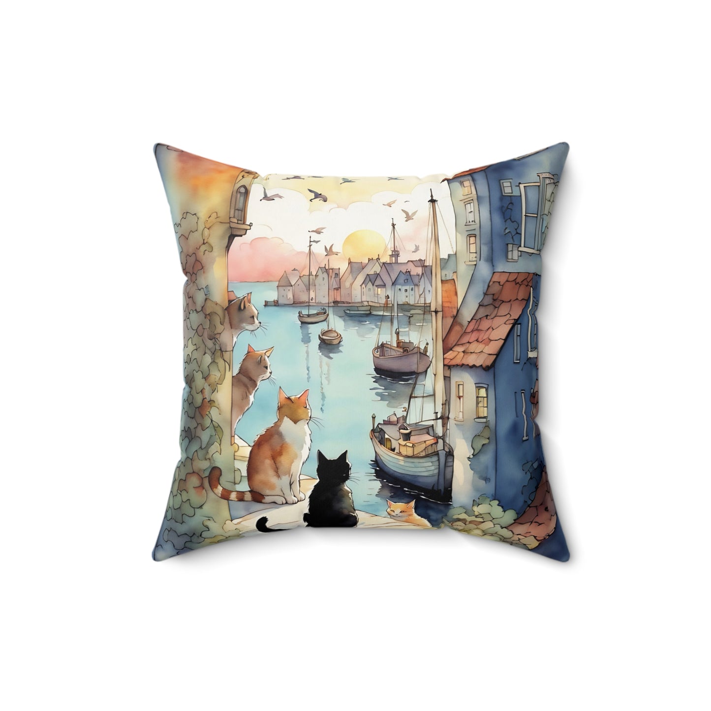 Cats by the Sea Square Pillow - by Fairyhill Studio