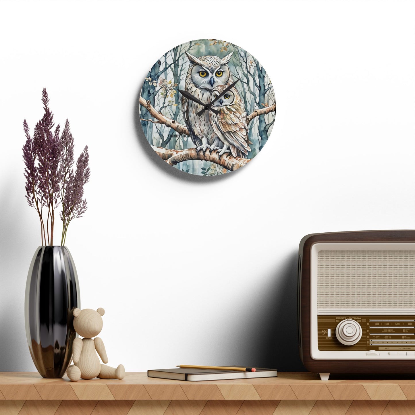 Acrylic Wall Clock Owl Family /Art