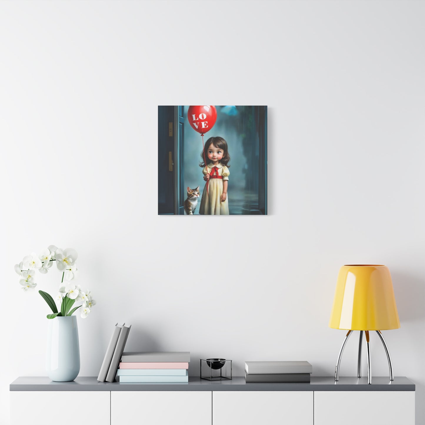 Canvas Print - Cute Girl with Red Love Balloon and Cat Art by Fairyhill Studio