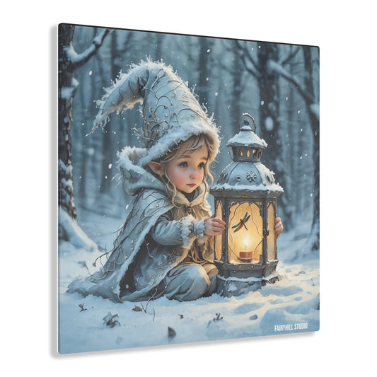 Acrylic Print - Cute Elf with Dragonfly Lantern in Winter Snow Holiday Art