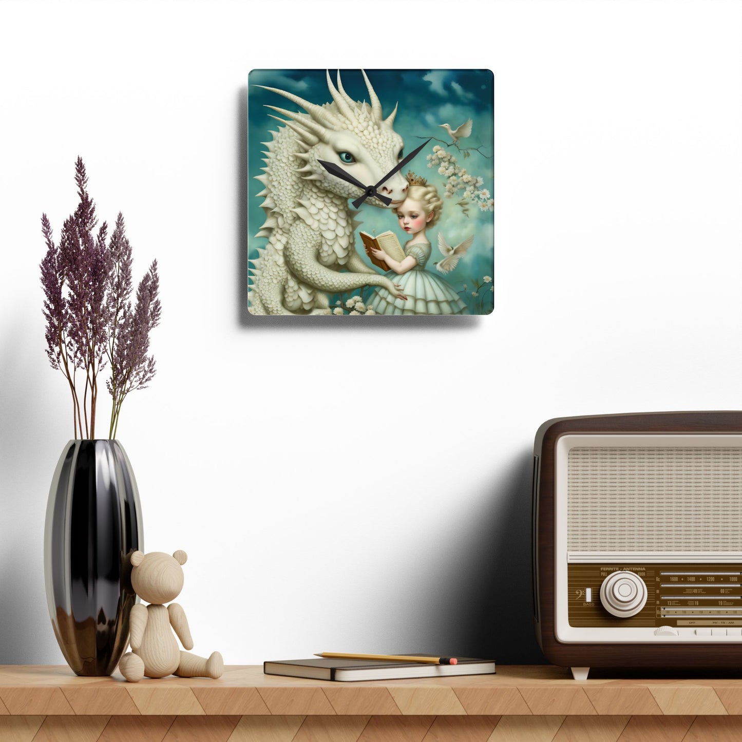 Acrylic Wall Clock Girl with a White Dragon Art
