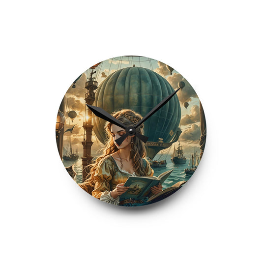 Hot Air Balloons and Girl reading a book to a cat  Acrylic Wall Clock