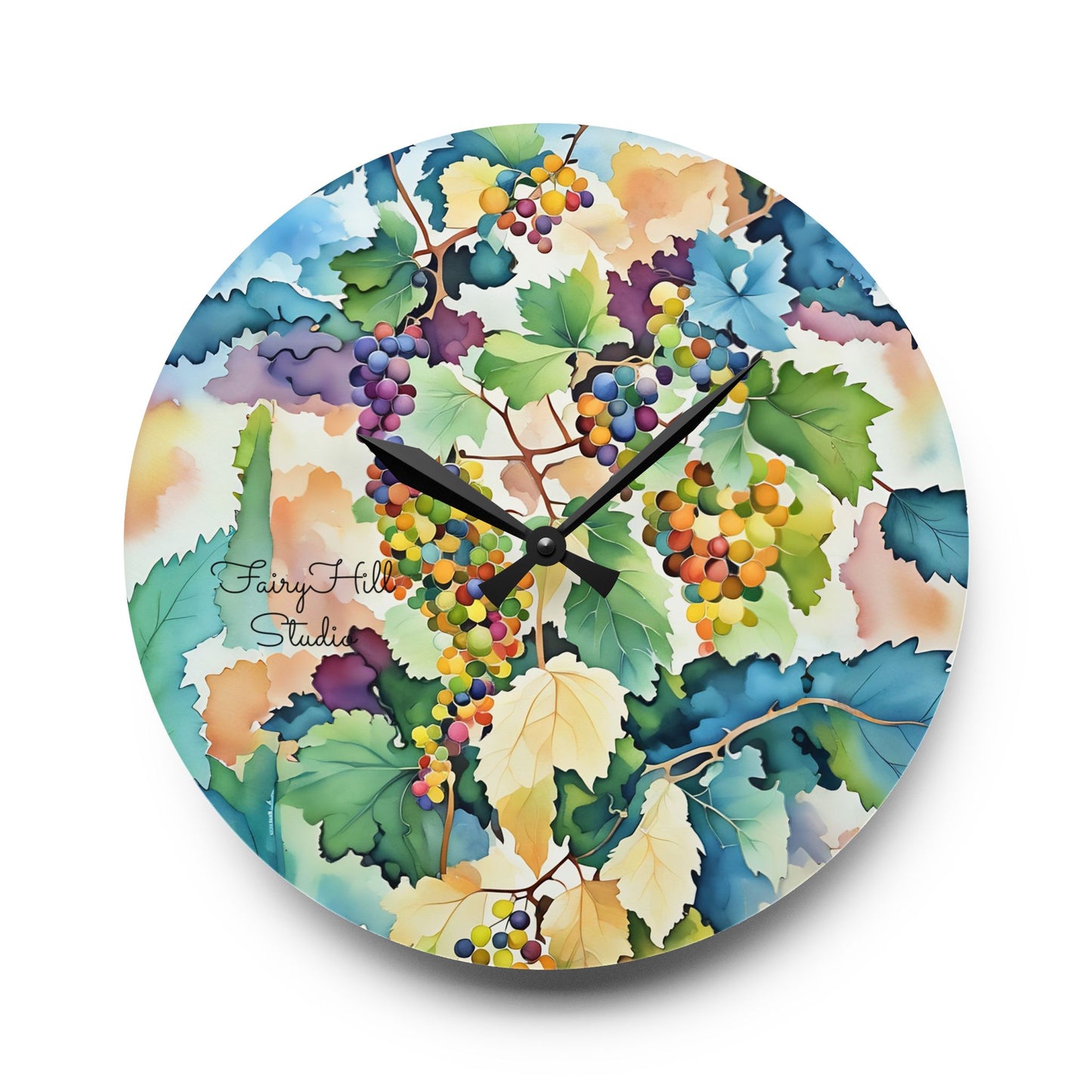Wall Clock Watercolor Tuscany Grapes Art