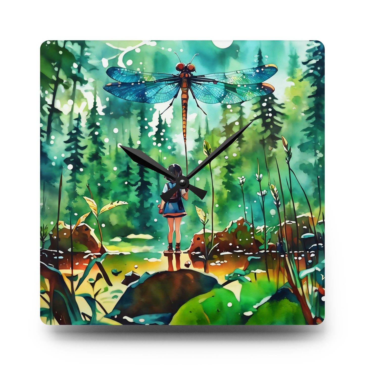 Wall Clock - Watercolor Art of Girl Flying Dragonfly Kite by Fairyhill Studio