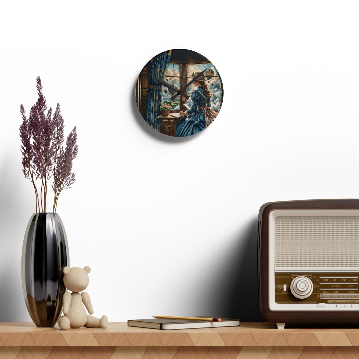Acrylic Wall Clock -Victorian girl watching the Hot Air Balloons