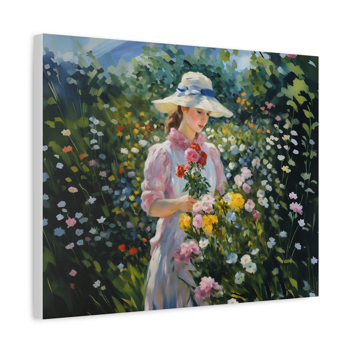 Canvas Art - Monet Style Floral Serenity with Elegant Woman and Flower Basket, Stretched Matte 1 25"