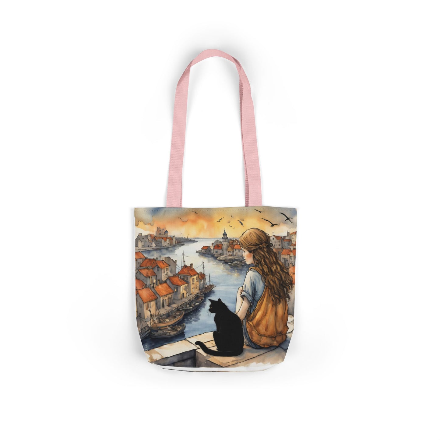 Girl with a Black cat on a roof top FairyHill Studio Red phone- Canvas Tote Bag - Perfect for Beach Days, Eco-Friendly Shopping, and Summer Fun!