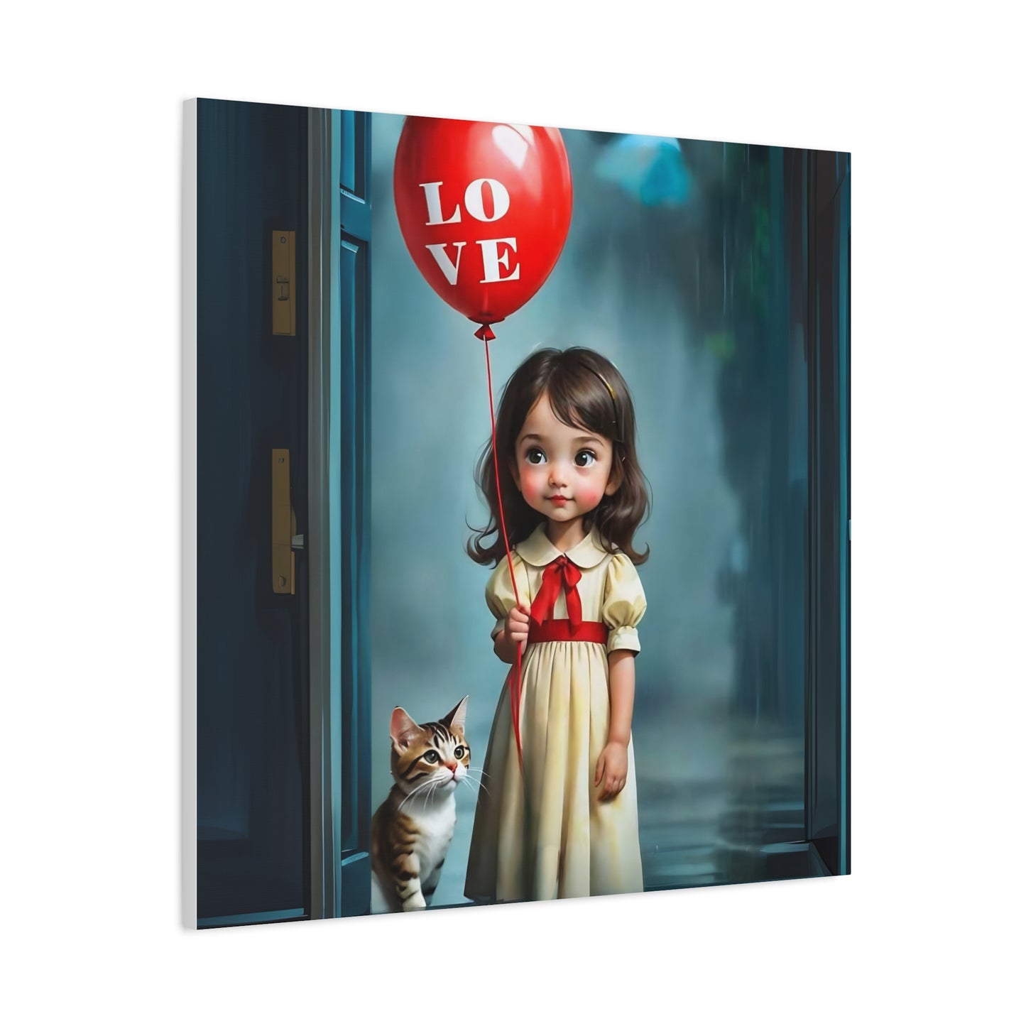 Canvas Print - Cute Girl with Red Love Balloon and Cat Art by Fairyhill Studio