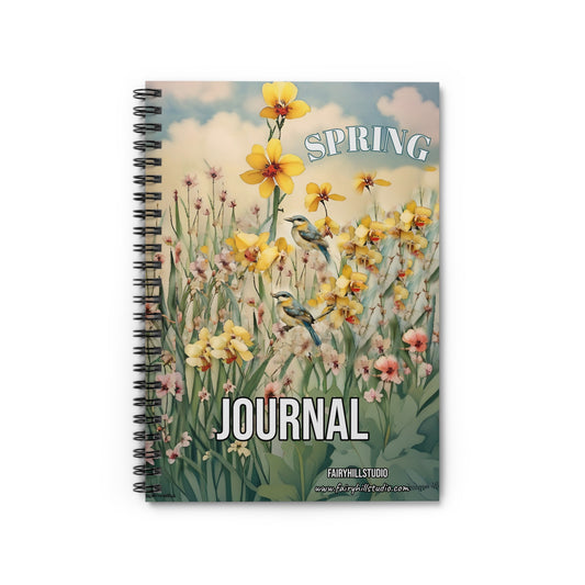 Floral Journal - Ruled Line with Yellow Spring flowers and Bird Art by Fairy Hill Studio