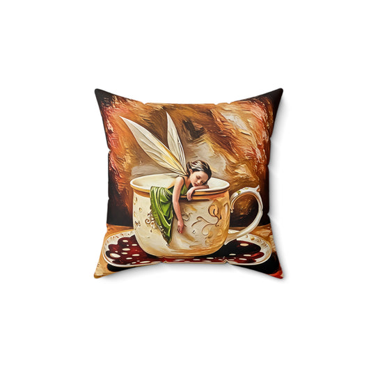 Square Pillow - Coffee Cup Fairy Pillow Art by Fairyhill Studio