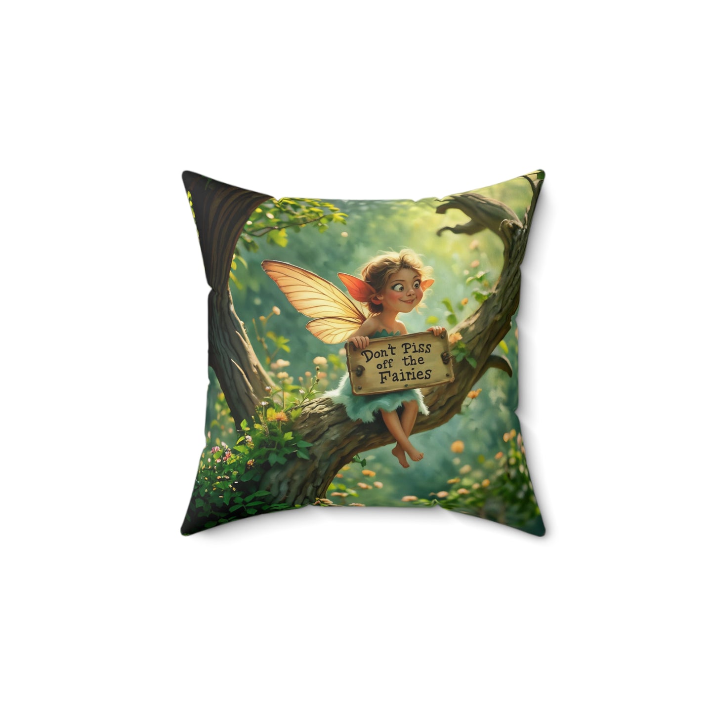 Square Pillow - "Don't Piss Off the Fairies" quote Fairy Art by Fairyhill Studio