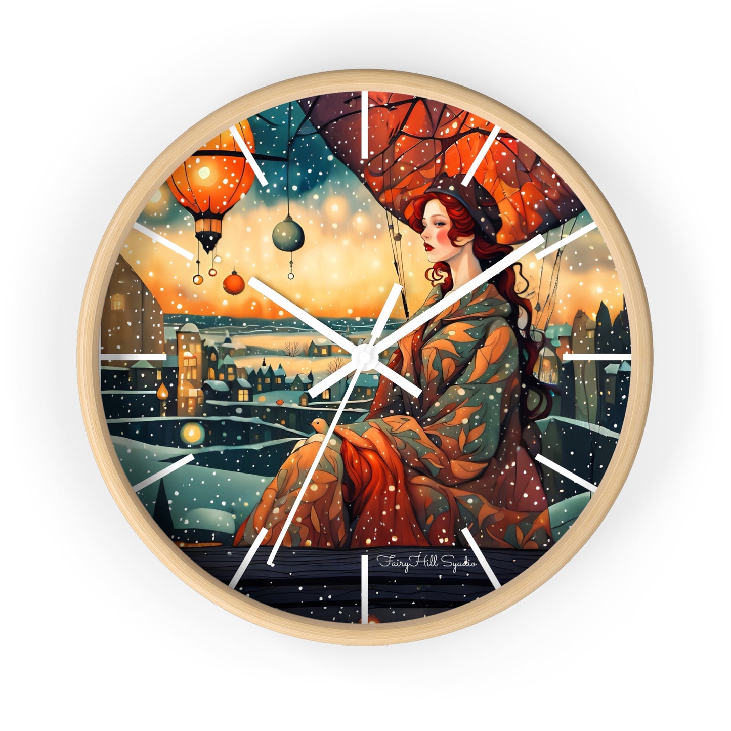 Whimsical City snow Wall Clock, Boho Home Decor, Cat Lover Gift, Cozy Living Room Accessory, Unique Cat Artwork