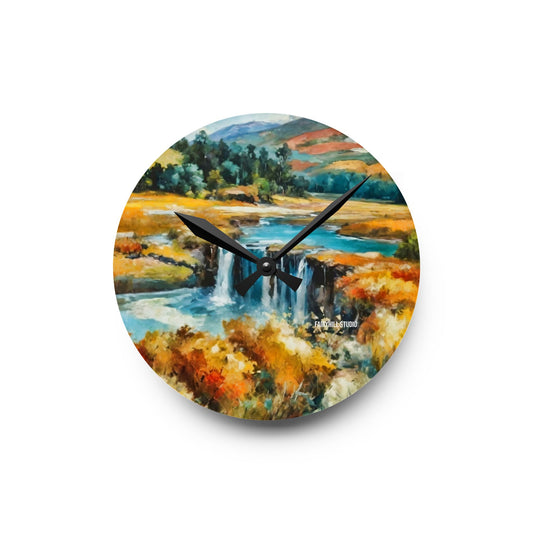 Wall Clock - Village by the Pond Watercolor Art Design