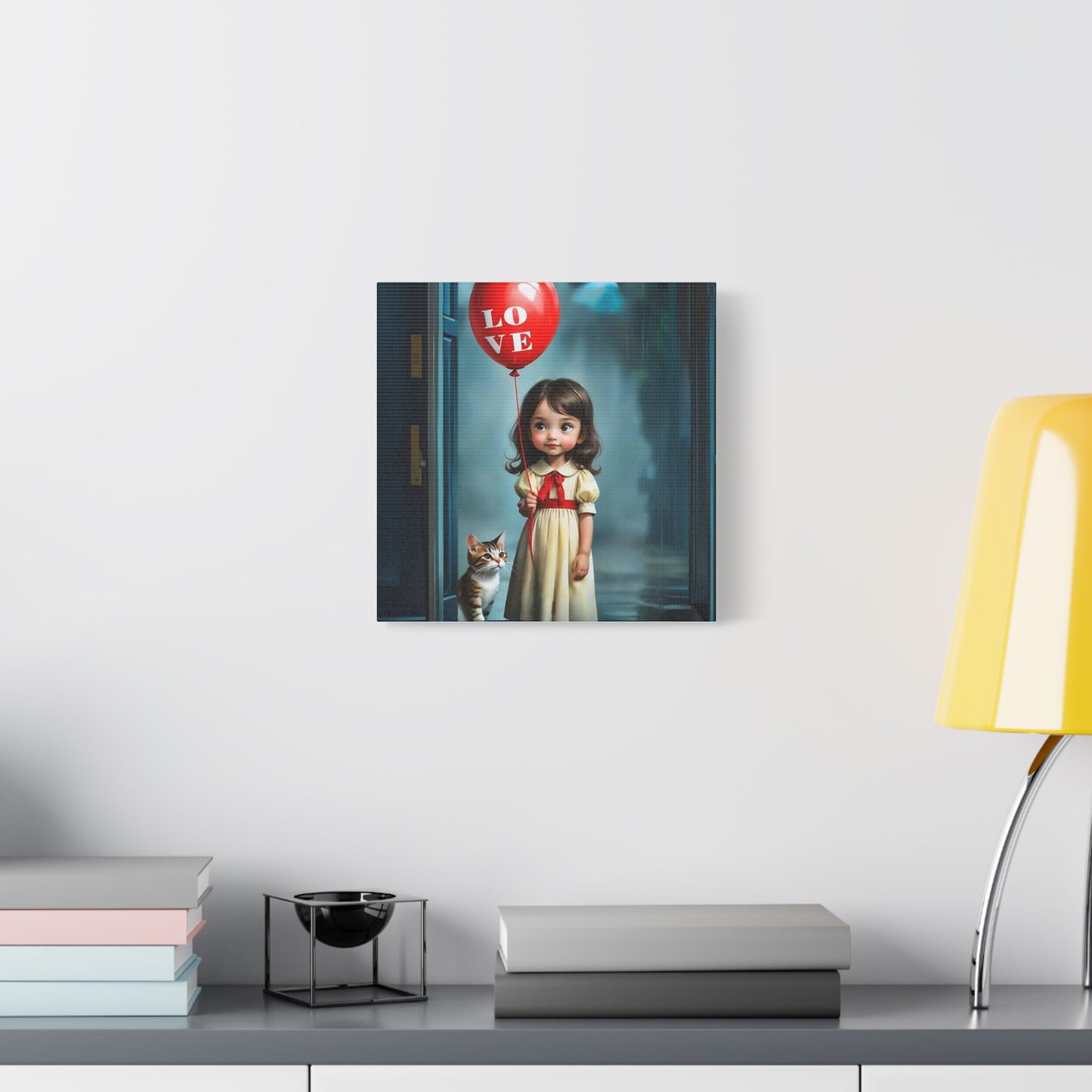 Canvas Print - Cute Girl with Red Love Balloon and Cat Art by Fairyhill Studio