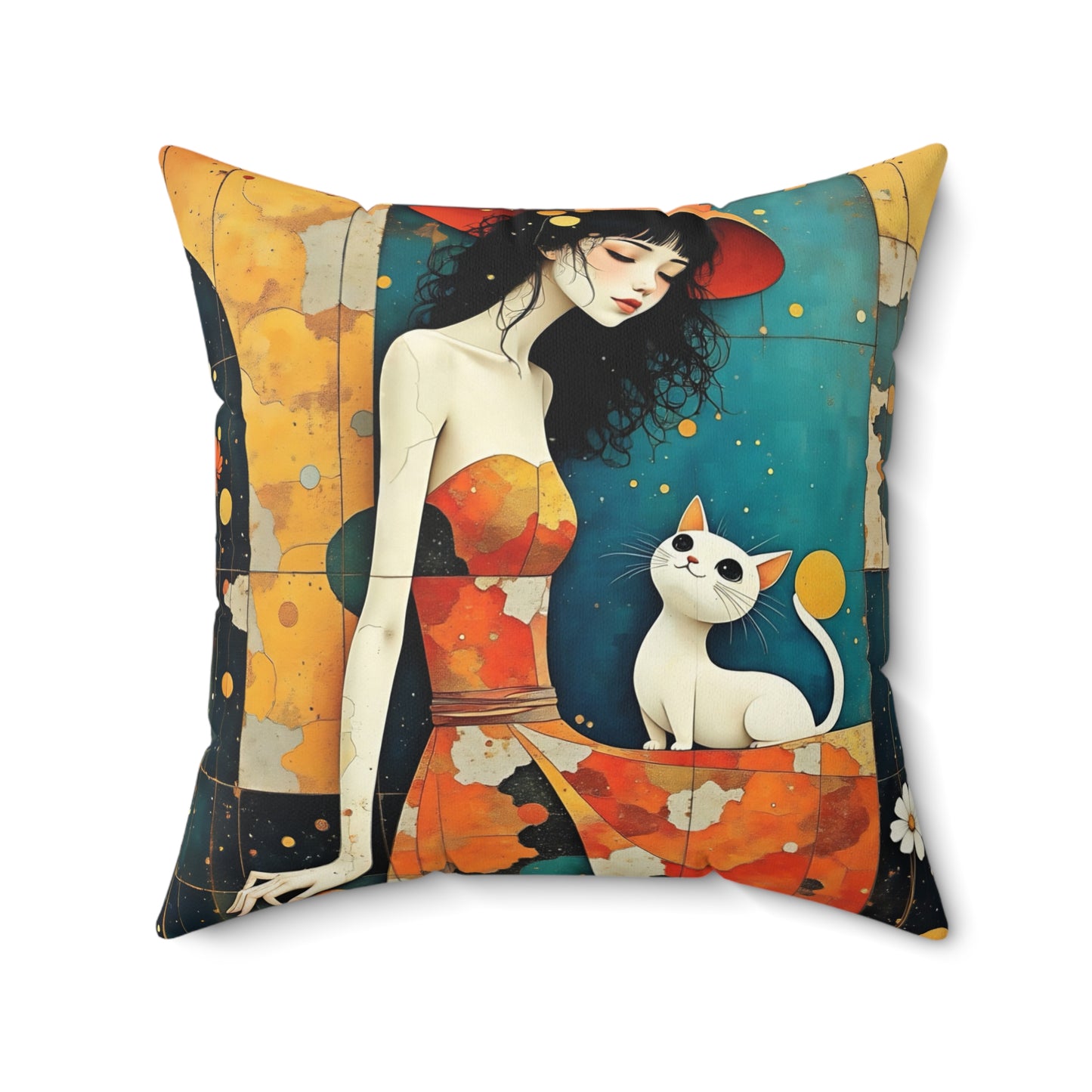 Witch with white cat Square Pillow - by Fairyhill Studio