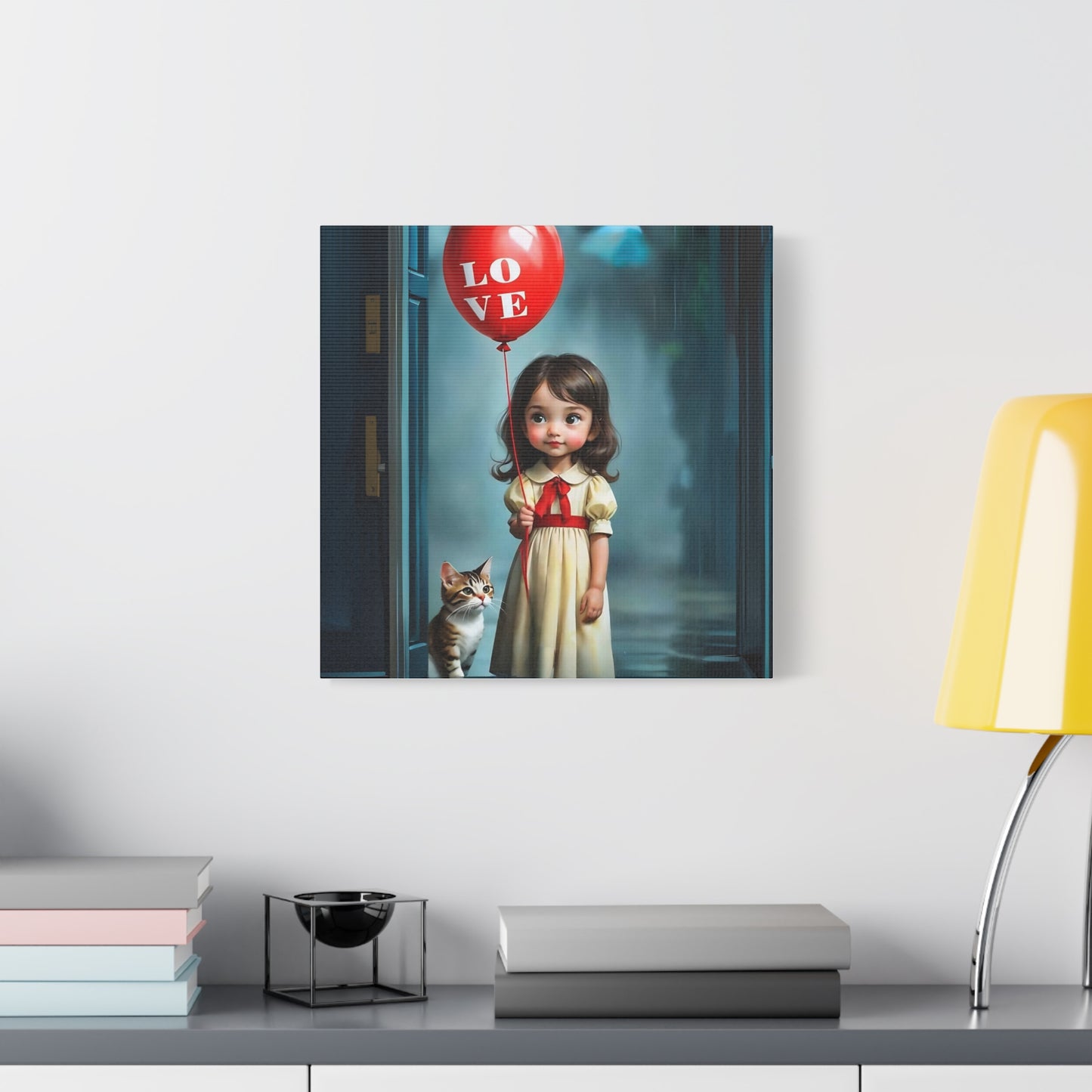 Canvas Print - Cute Girl with Red Love Balloon and Cat Art by Fairyhill Studio
