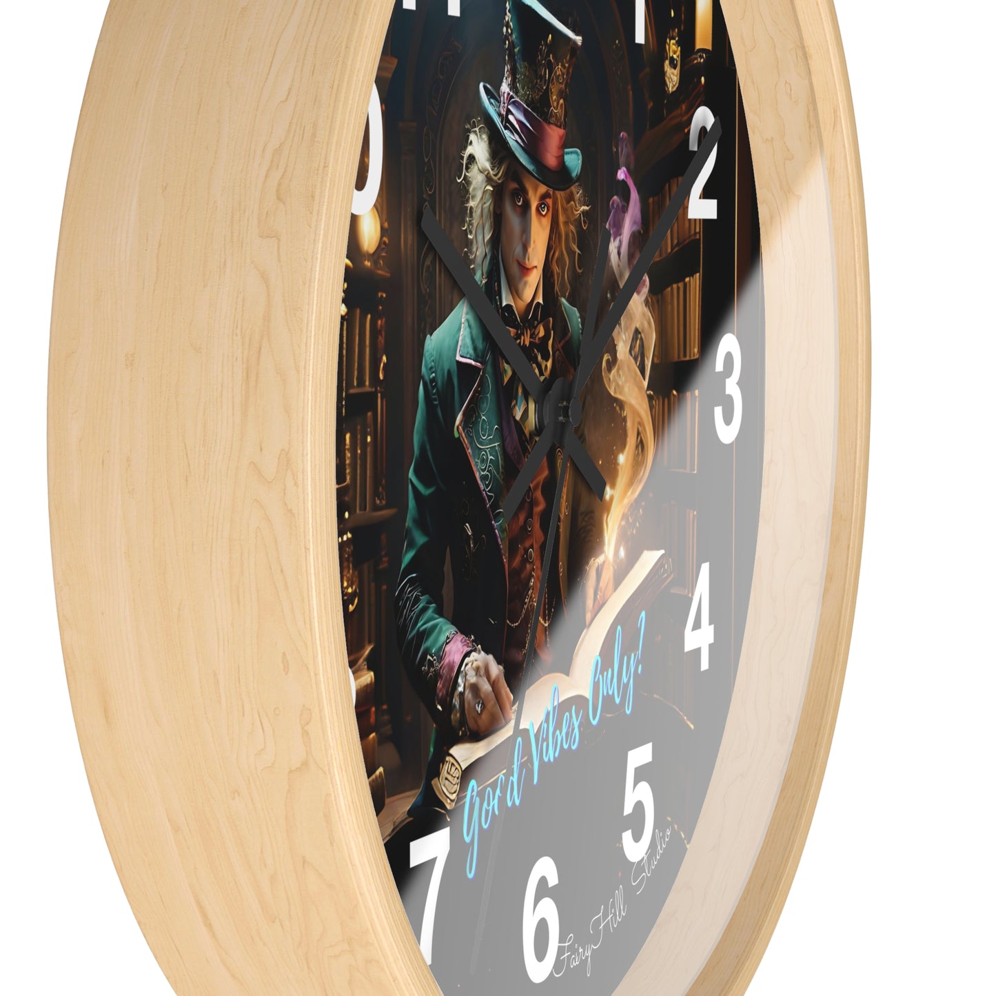 Whimsical Wall Clock - Good Vibes Only, Mad Hatter in a  Library Design