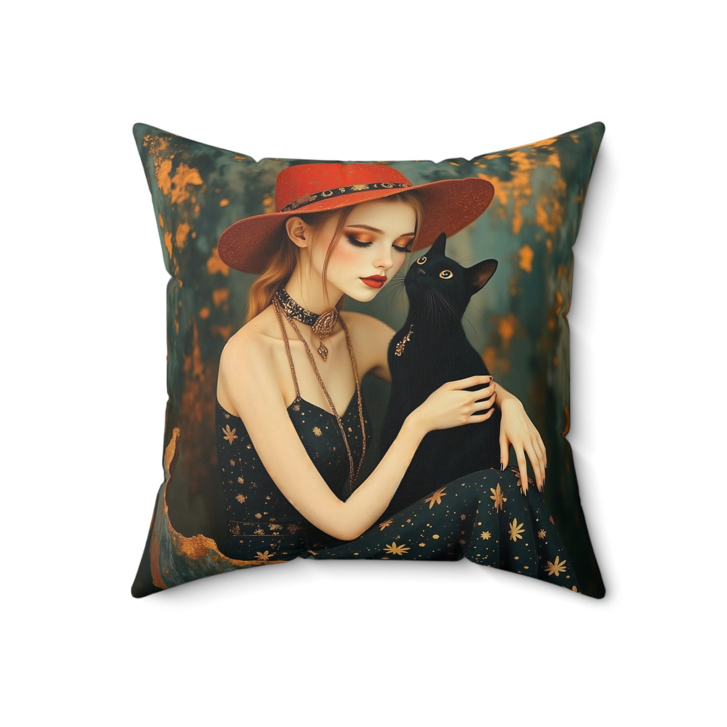 Girl with black cat  Square Pillow - by Fairyhill Studio