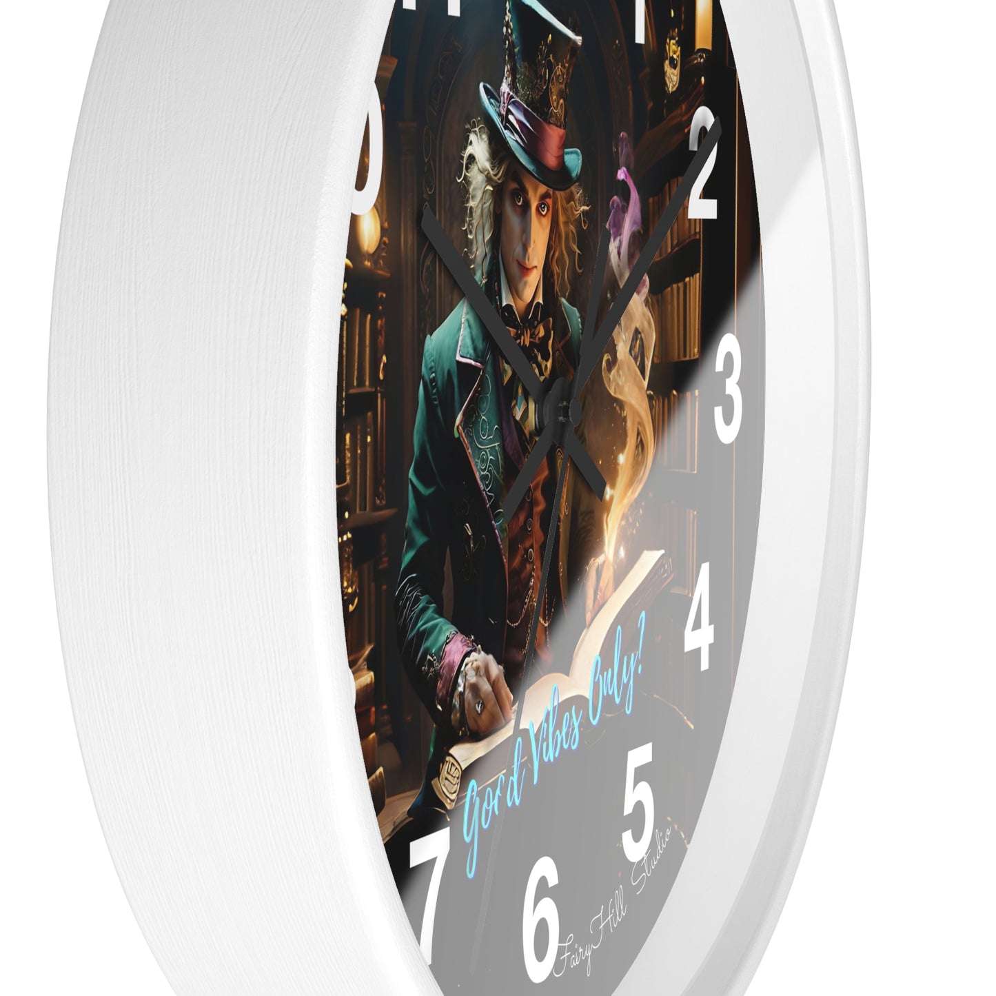 Whimsical Wall Clock - Good Vibes Only, Mad Hatter in a  Library Design