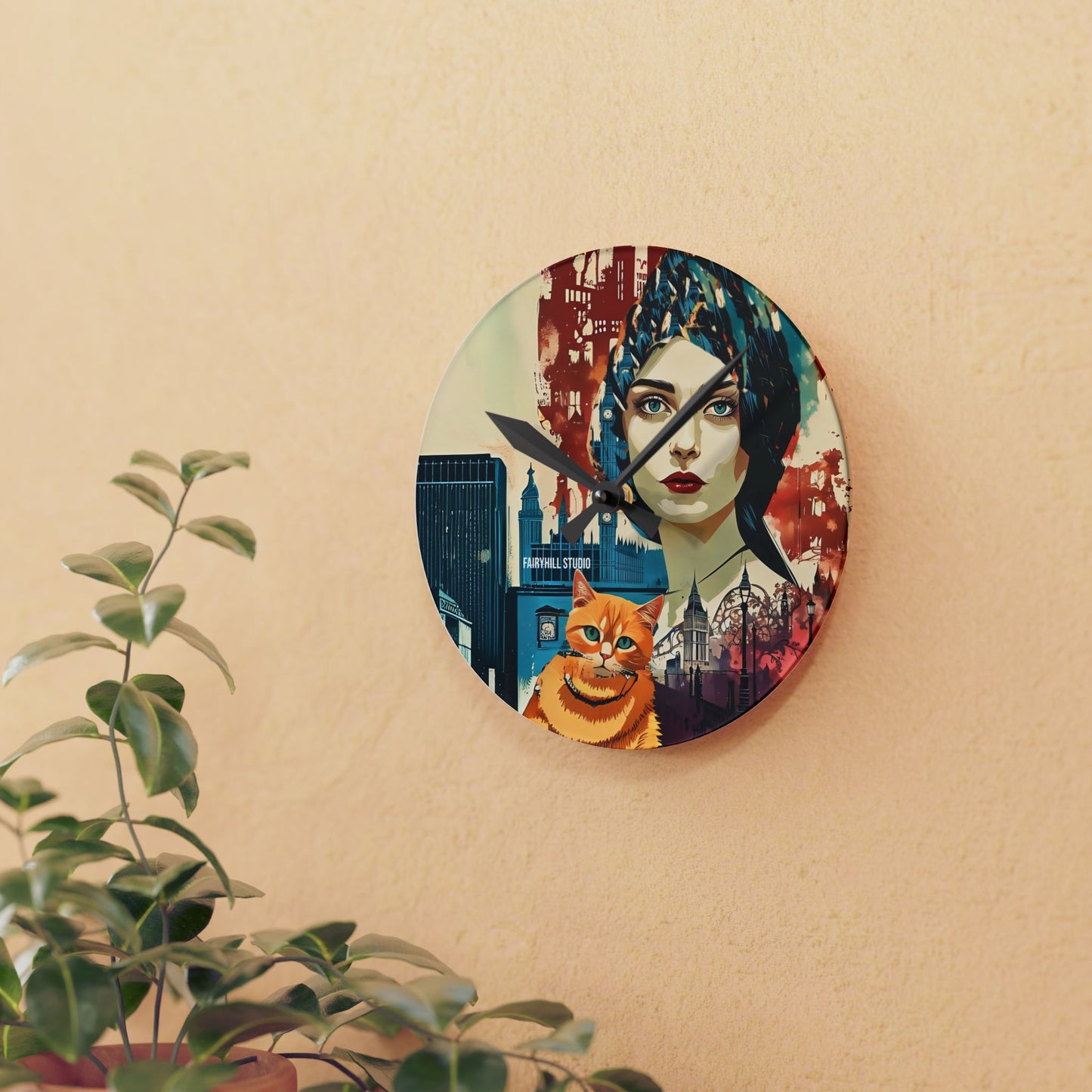 Acrylic Wall Clock -Model with a Yellow cat in London /Art
