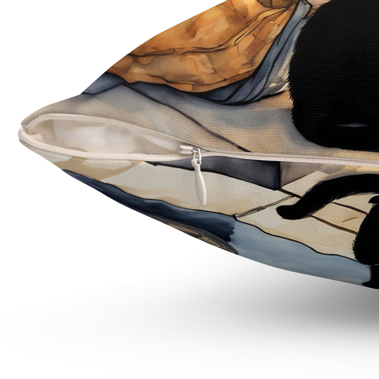 Girl with black cat  Black cat on a balcony  Square Pillow - by Fairyhill Studio