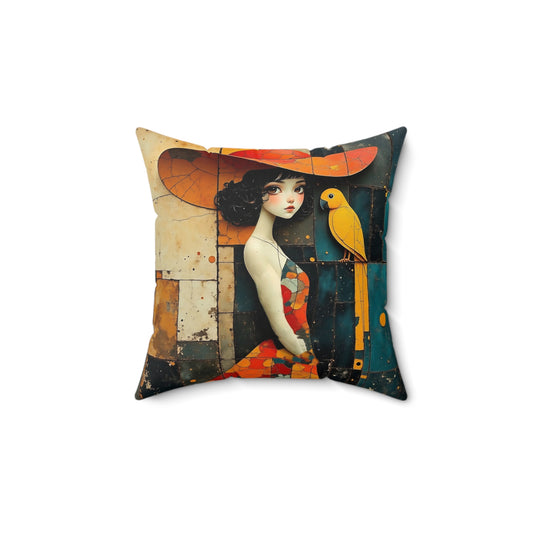 Girl with a yellow parrot   Square Pillow - by Fairyhill Studio