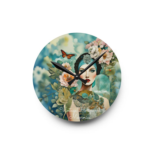 Acrylic Wall Clock - Vintage Hollywood Beauty Collage Art Style with Flowers