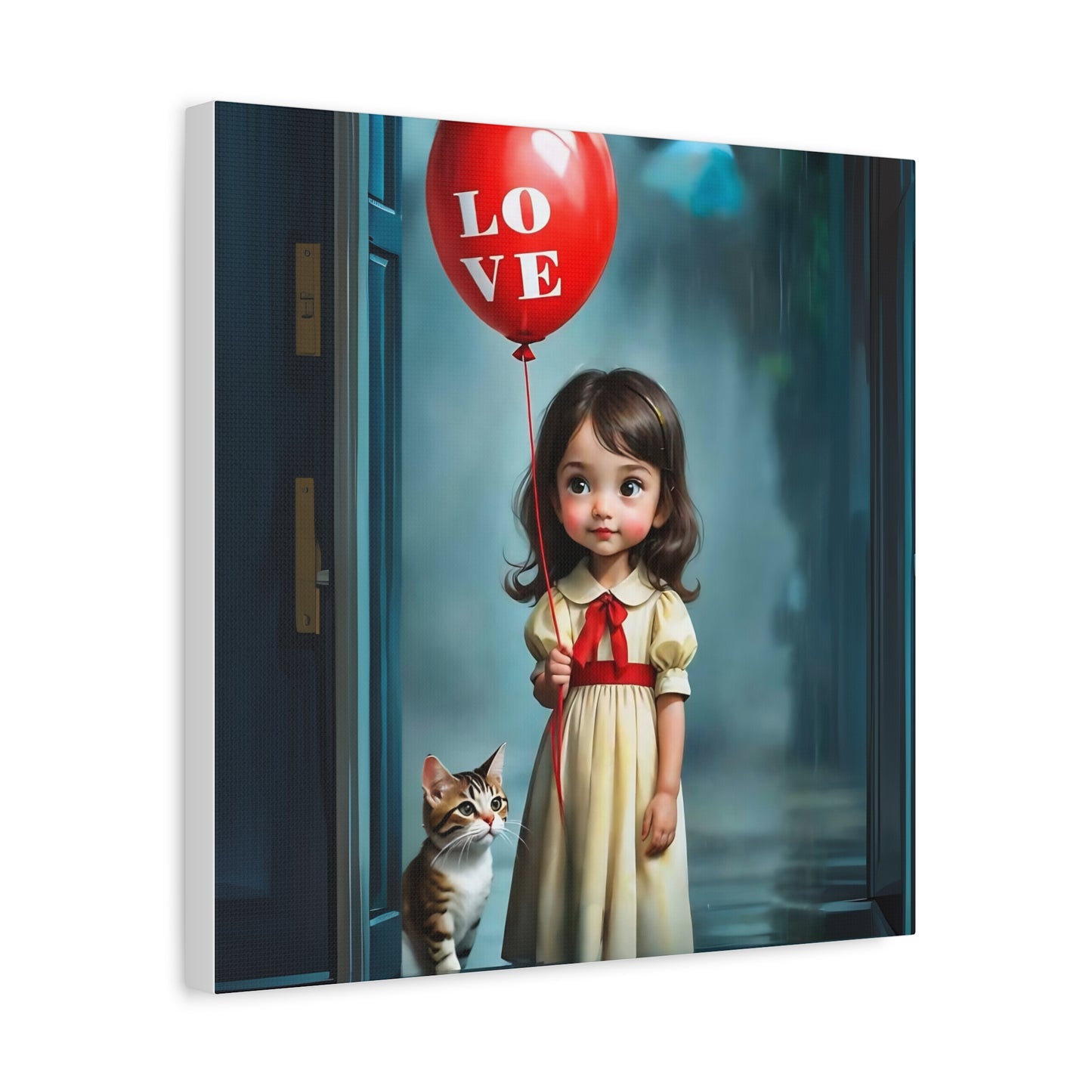Canvas Print - Cute Girl with Red Love Balloon and Cat Art by Fairyhill Studio