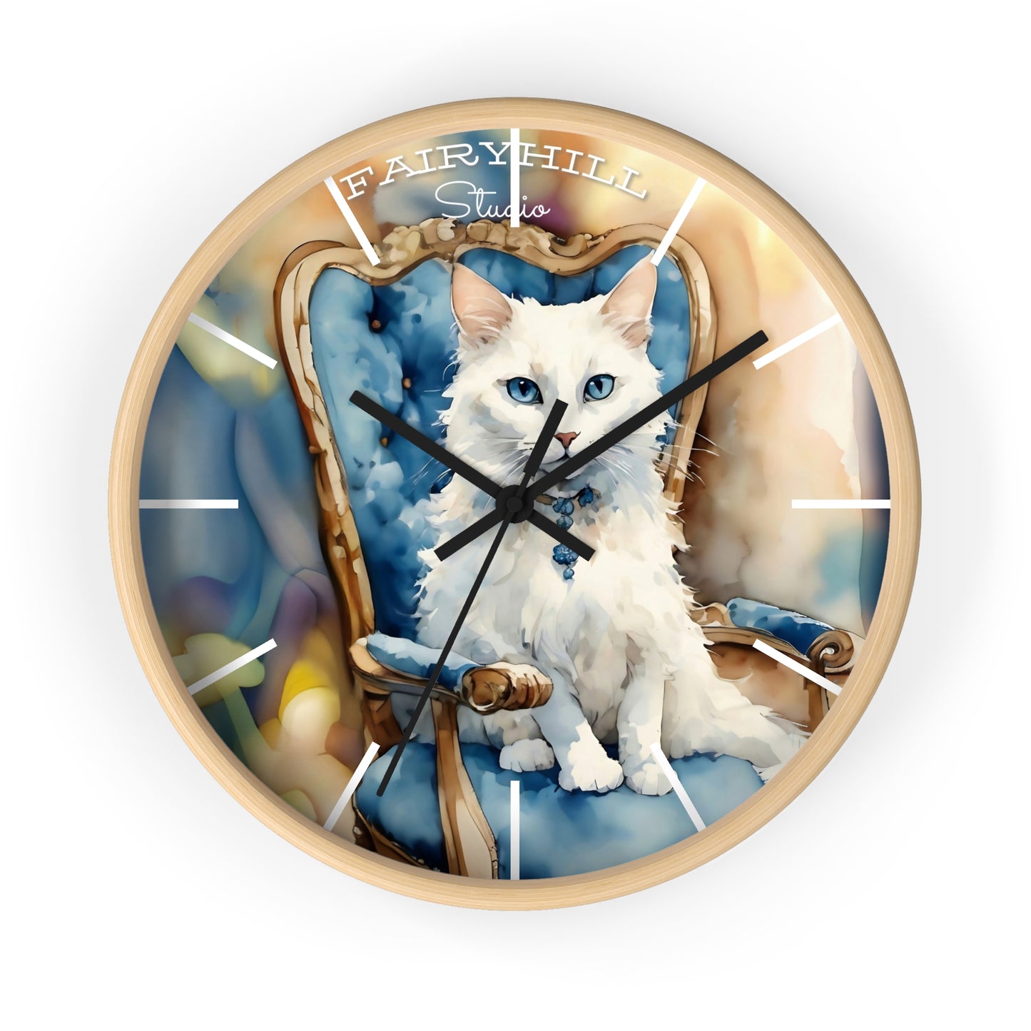 Fairy Hill Studio" White cat " Wall Clock