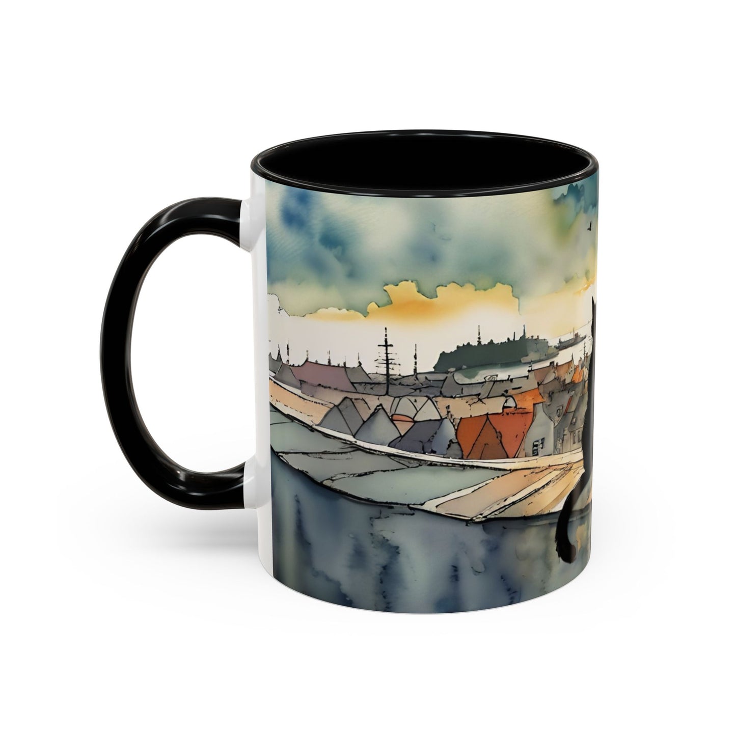 Black cat on a roof top Art-Themed Coffee Mug - 11 & 15oz Accent Mug for Musroom  Fsiry Lovers