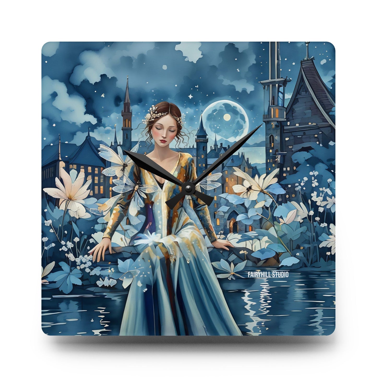 Acrylic Wall Clock Beauty in Blue with dragonflies /Art