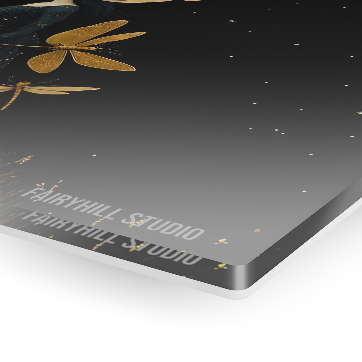 Art Acrylic Prints - Midnight Girl with Golden Dragonflies