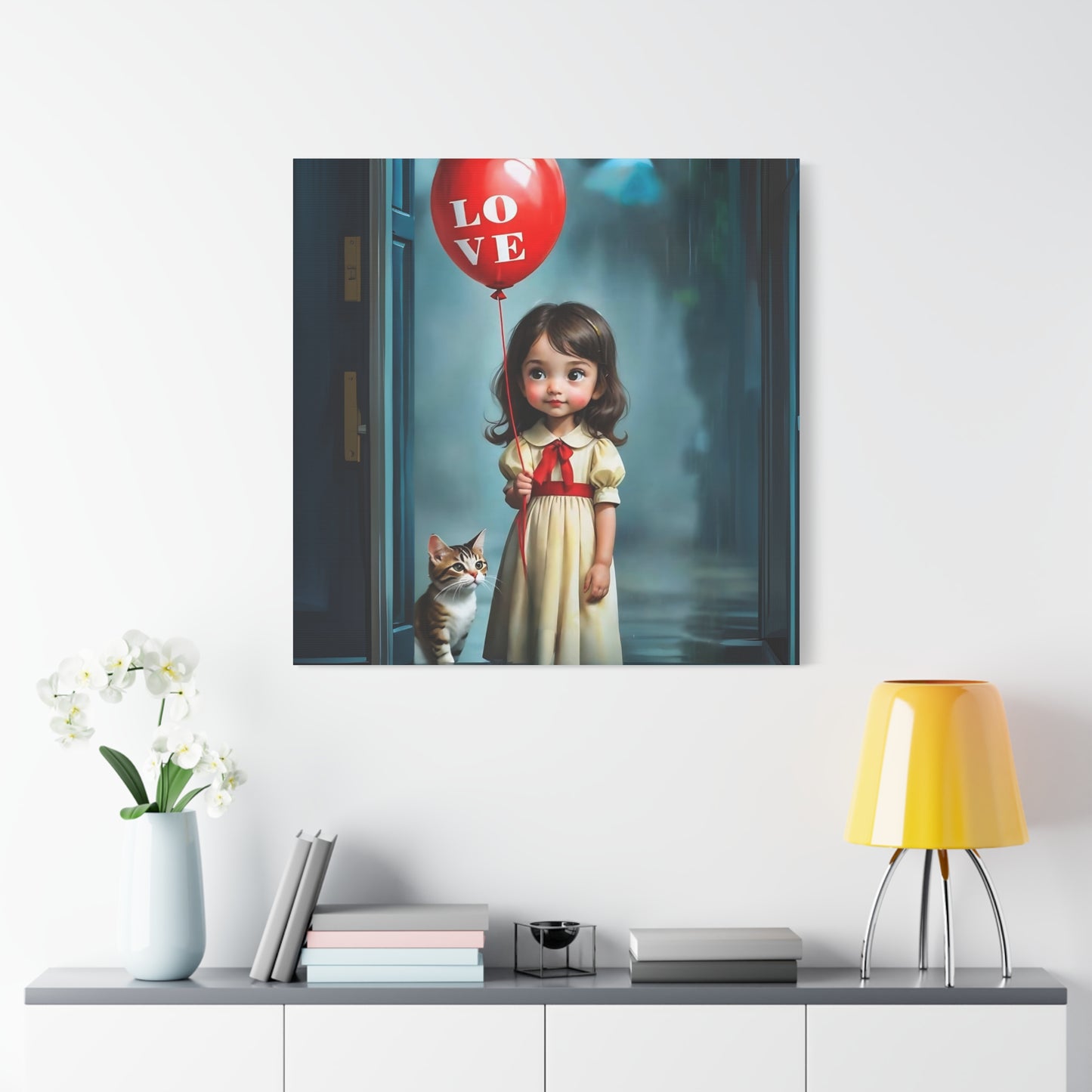Canvas Print - Cute Girl with Red Love Balloon and Cat Art by Fairyhill Studio