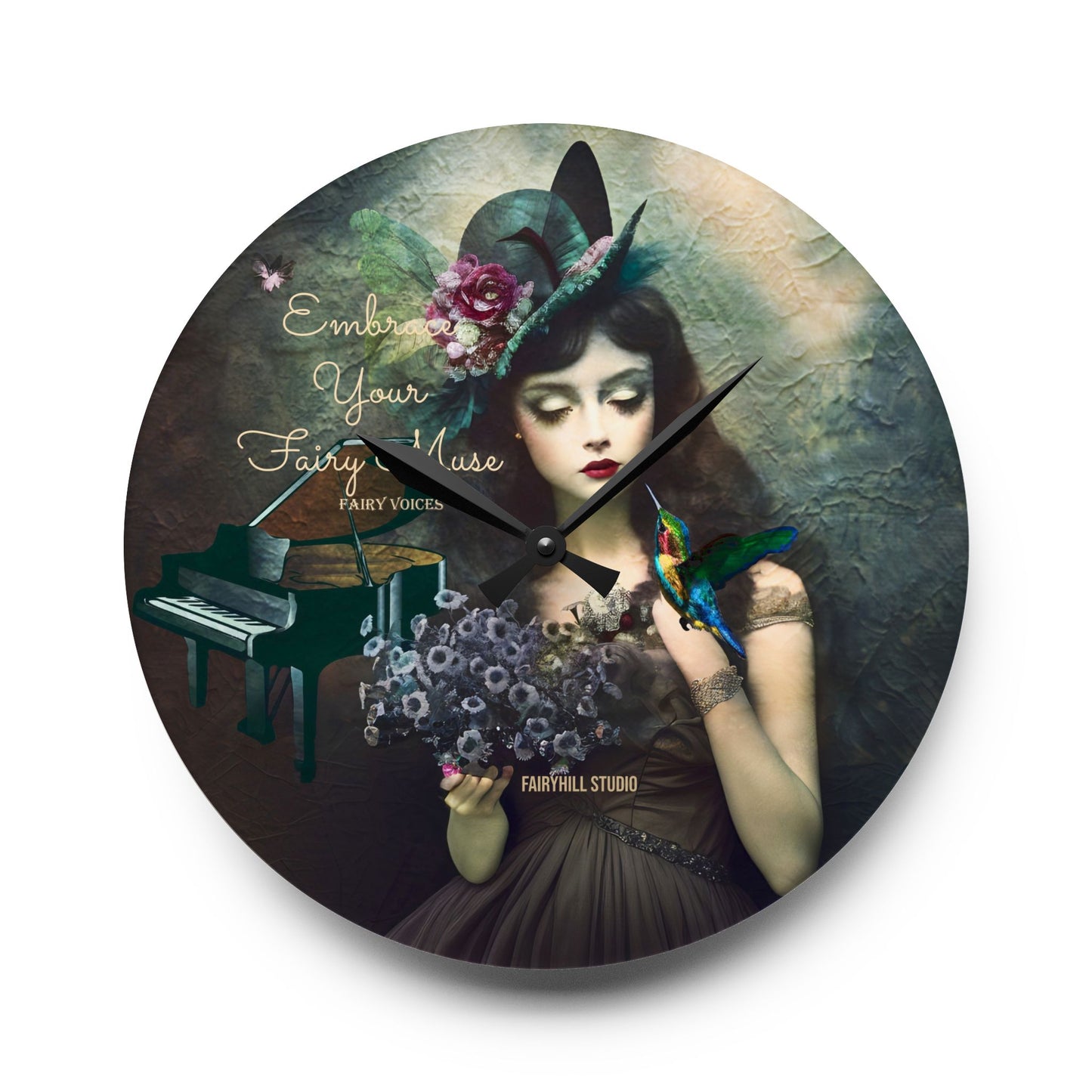 Wall Clock - Fairy Muse Girl with Hat and Hummingbird Art