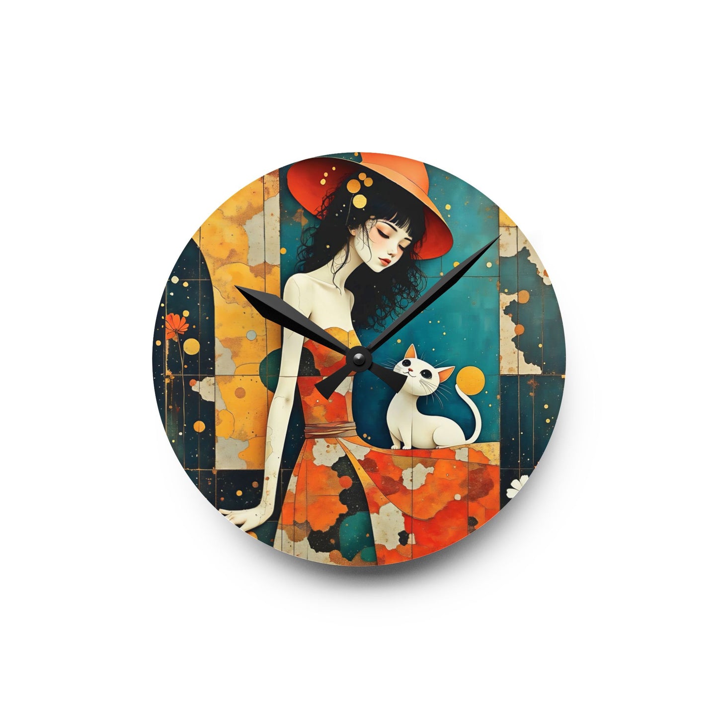 Witch with white cat Acrylic Wall Clock