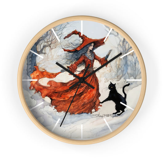 Crimson Witch with black cat Wall Clock, Boho Home Decor, Cat Lover Gift, Cozy Living Room Accessory, Unique Cat Artwork