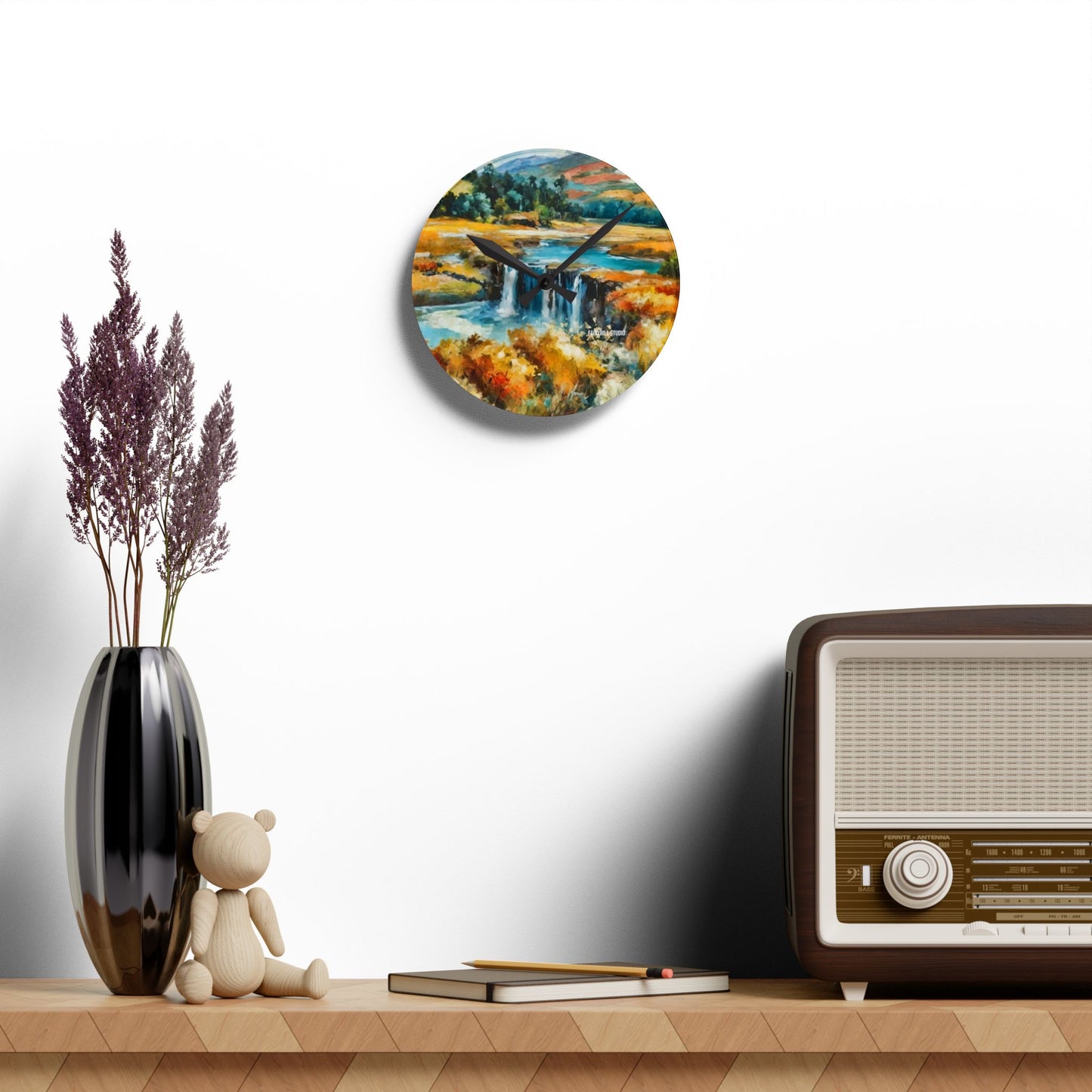 Wall Clock - Village by the Pond Watercolor Art Design