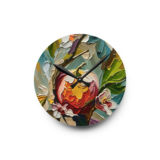 Wall Clock - Apple and Apple Flowers Impasto Art by Fairyhill Studio