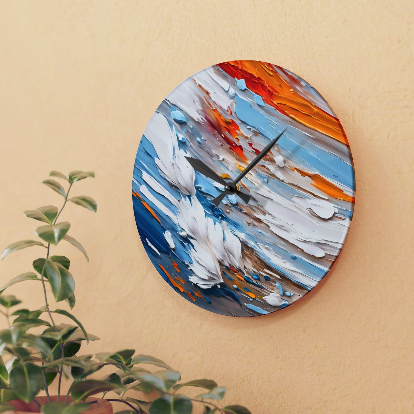 Abstract Impasto Acrylic Wall Clock - White Aqua Orange Colors by Fairyhill Studio
