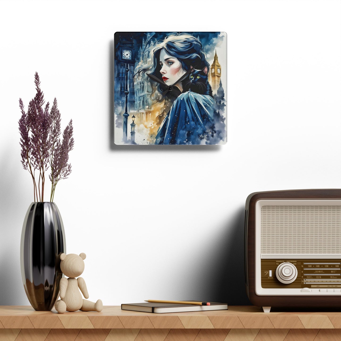 Acrylic Wall Clock - Woman with cat london Art