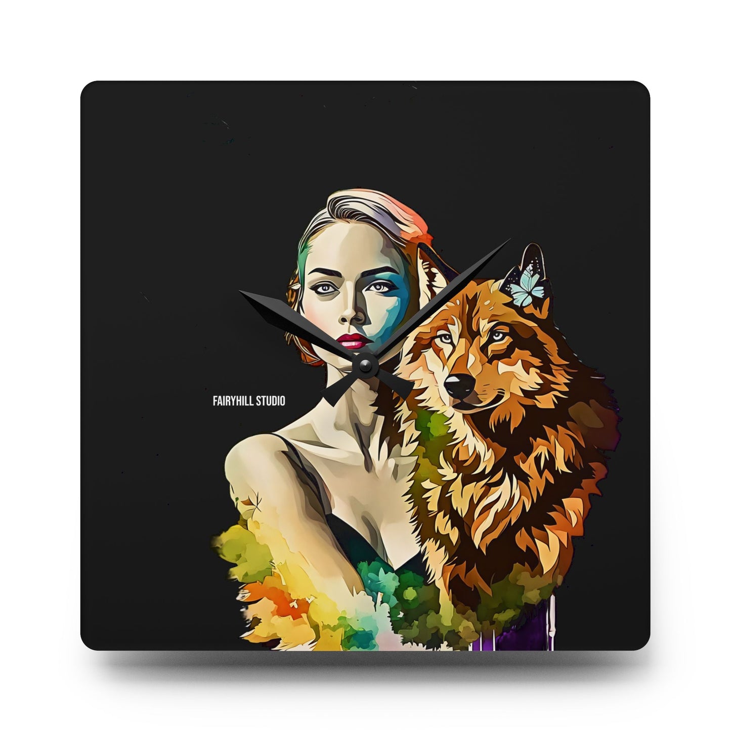 Acrylic Wall Clock -Girl withSpirit Animal Wolf/Art