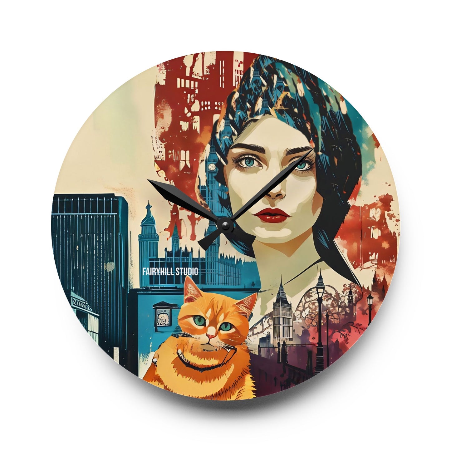 Acrylic Wall Clock -Model with a Yellow cat in London /Art