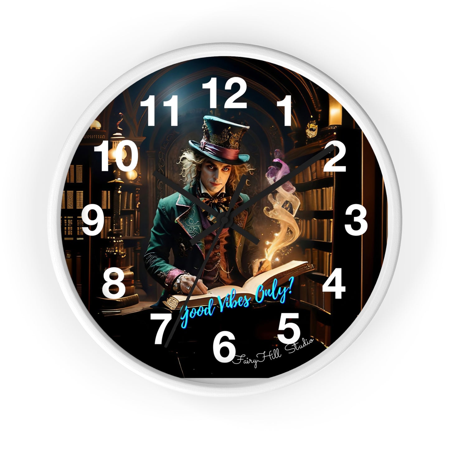 Whimsical Wall Clock - Good Vibes Only, Mad Hatter in a  Library Design