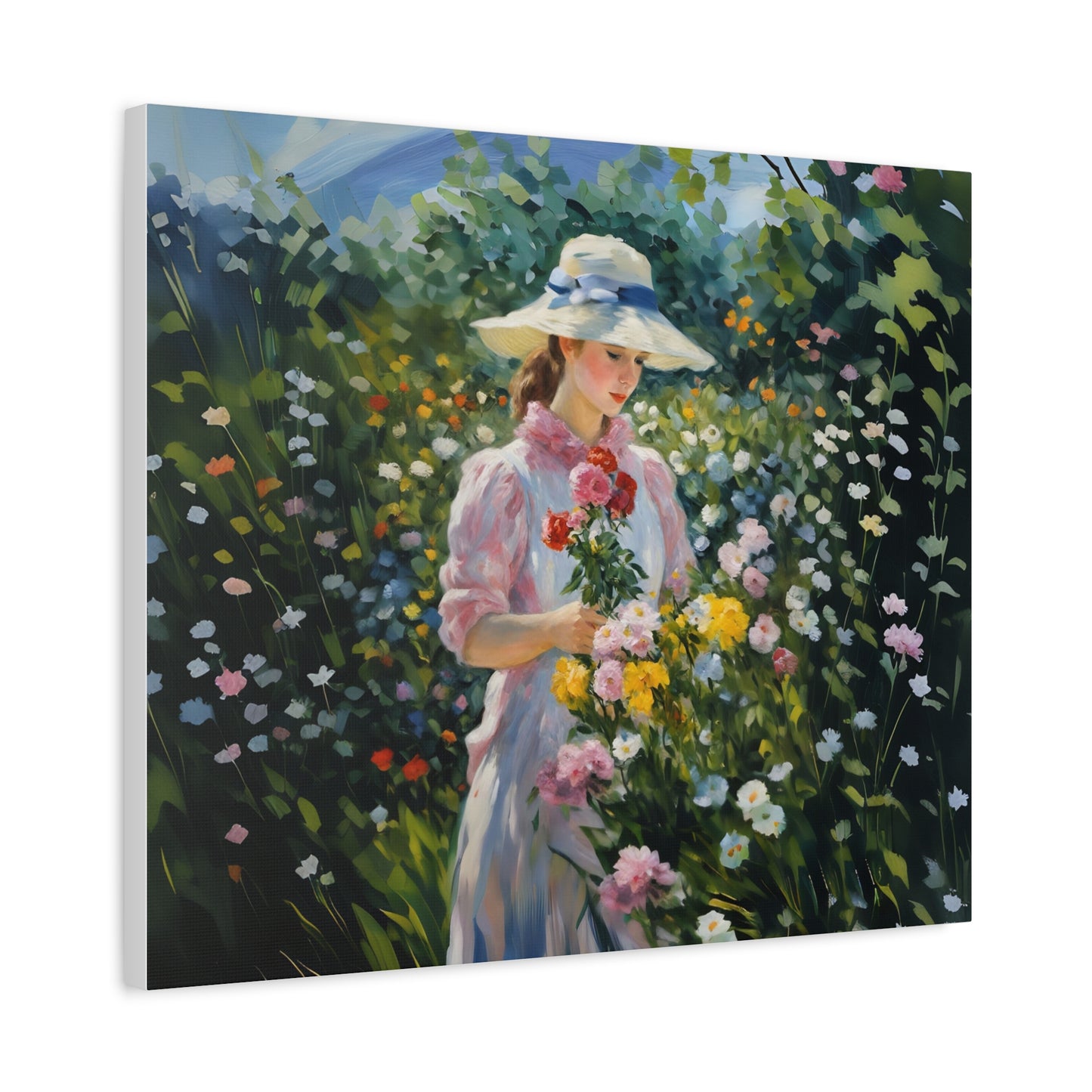 Canvas Art - Monet Style Floral Serenity with Elegant Woman and Flower Basket, Stretched Matte 1 25"