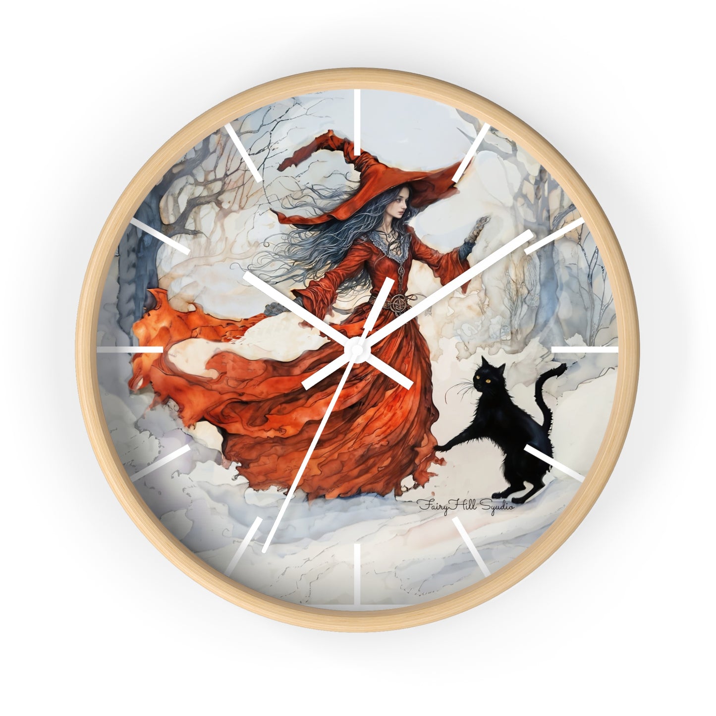 Crimson Witch with black cat Wall Clock, Boho Home Decor, Cat Lover Gift, Cozy Living Room Accessory, Unique Cat Artwork