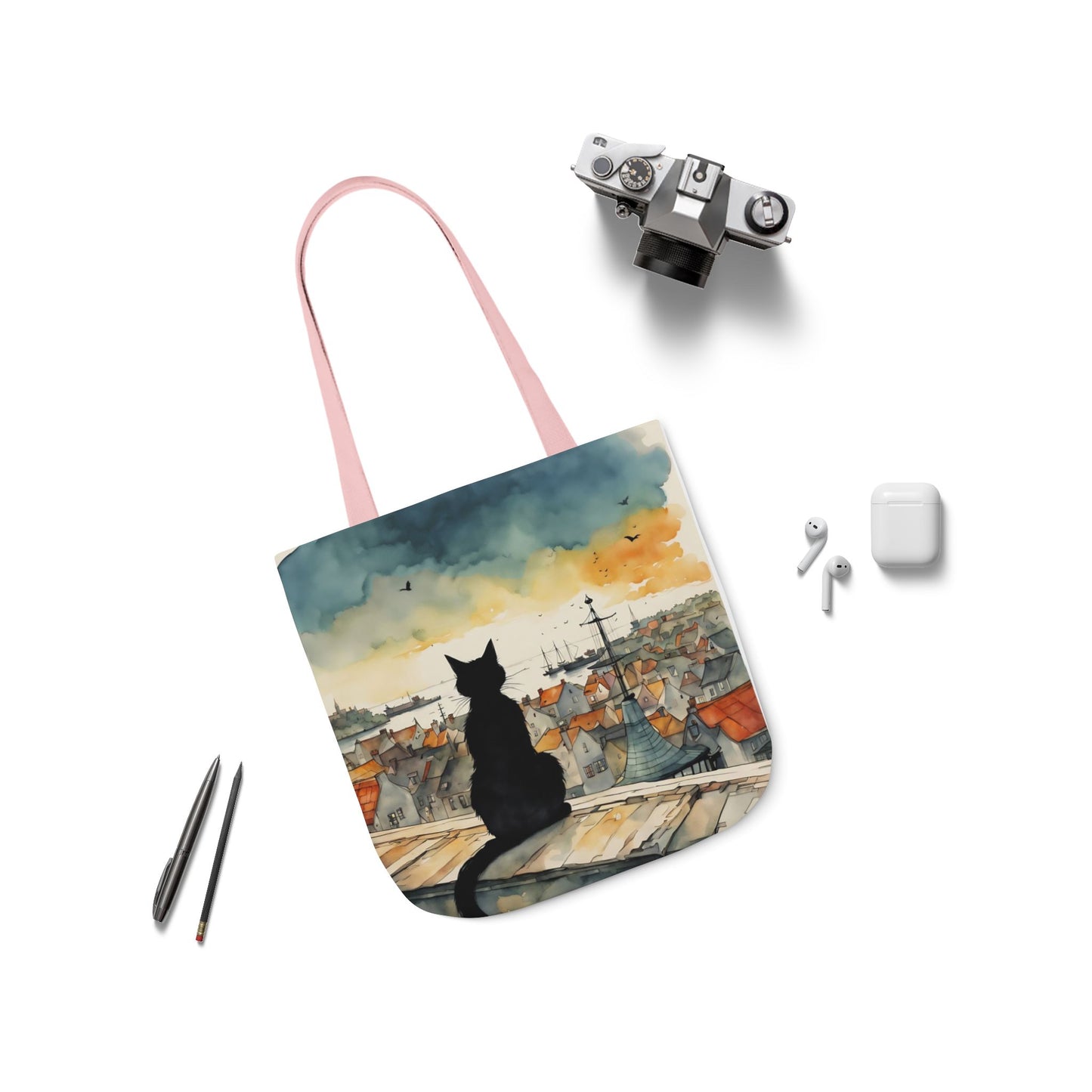 Black cat on a roof top FairyHill Studio Red phone- Canvas Tote Bag - Perfect for Beach Days, Eco-Friendly Shopping, and Summer Fun!