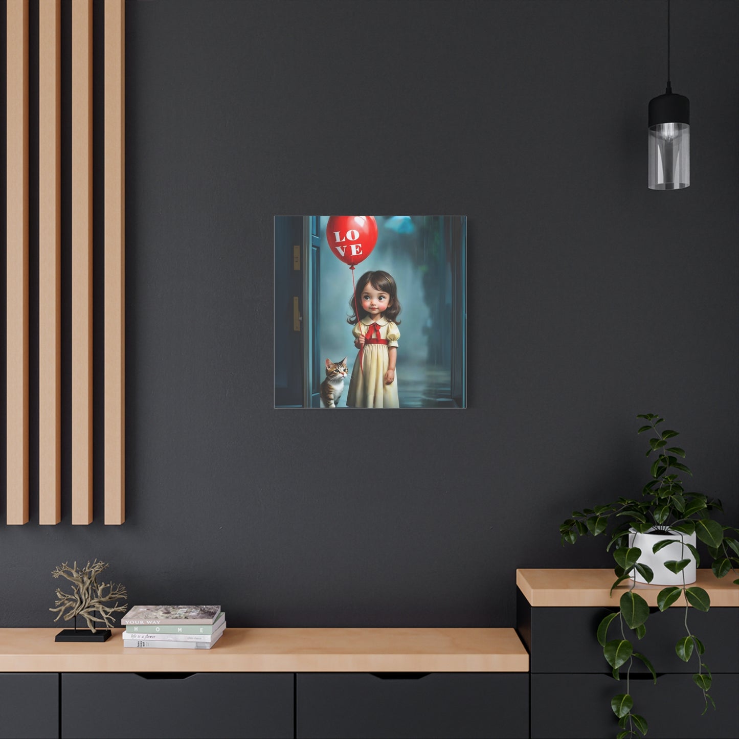 Canvas Print - Cute Girl with Red Love Balloon and Cat Art by Fairyhill Studio