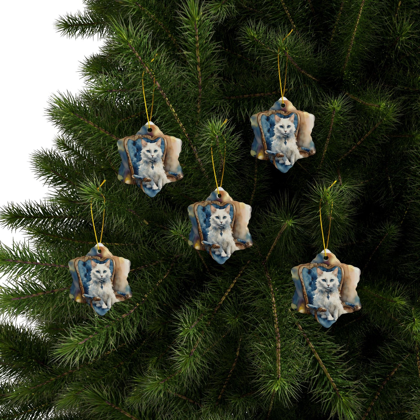 Ceramic Ornaments - White Cat on Blue Chair - 2-Side Print - Holiday Decor
